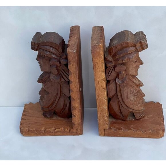 Vintage Bookends Pair Carved Wood Shelf Art Tribal Hand Crafted Brown 4.5x7" - Picture 10 of 11
